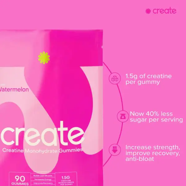 Create Creatine Monohydrate Gummies for Men & Women - Boost Focus, Strength, and Endurance, Anti-Melting Formula, Vegan, Gluten-Free, Non-GMO, 1.5 Gram Creatine per Gummy (Watermelon, 90 ct) - Image 2