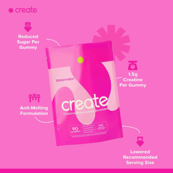 Create Creatine Monohydrate Gummies for Men & Women - Boost Focus, Strength, and Endurance, Anti-Melting Formula, Vegan, Gluten-Free, Non-GMO, 1.5 Gram Creatine per Gummy (Watermelon, 90 ct) - Image 3