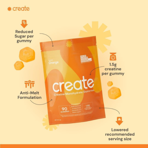 Create Creatine Monohydrate Gummies for Men & Women, Boost Focus, Strength, and Endurance, Anti-Melting Formula, Vegan, Gluten-Free, Non-GMO, 1.5g of Creatine per Gummy (Orange, 90 ct) - Image 2