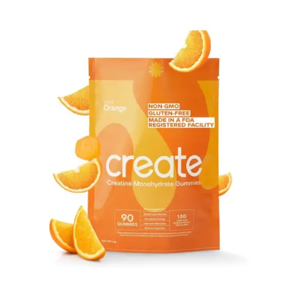 Create Creatine Monohydrate Gummies for Men & Women, Boost Focus, Strength, and Endurance, Anti-Melting Formula, Vegan, Gluten-Free, Non-GMO, 1.5g of Creatine per Gummy (Orange, 90 ct)