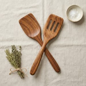 Acacia wood spatula set with solid spatula and slotted turner for non-stick cookware