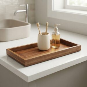 Acacia wood vanity tray with raised edges on bathroom countertop