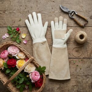 Beige pigskin leather thorn proof gardening gloves with elbow-length cuff