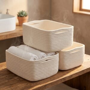 Off white cotton rope storage baskets, set of three on shelves