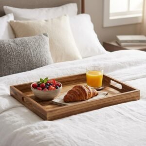Rustic brown wooden serving tray with handles on a coffee table