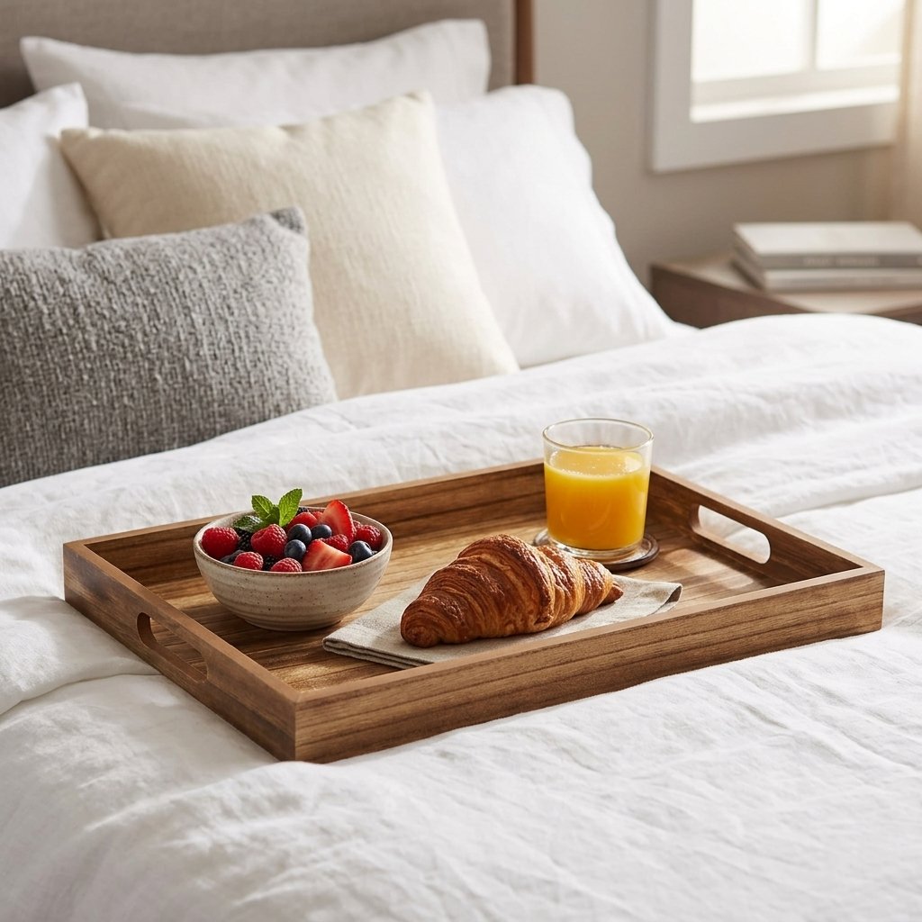 Rustic brown wooden serving tray with handles on a coffee table