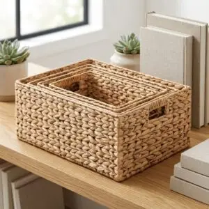 Set of four natural beige water hyacinth storage baskets with side handles on a shelf
