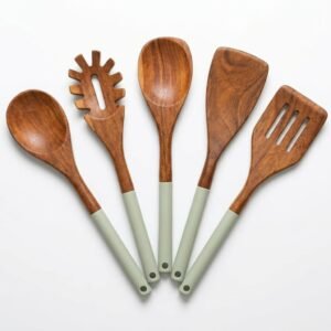 Teak wood utensil set with sage silicone handles, five-piece spoon and spatula collection