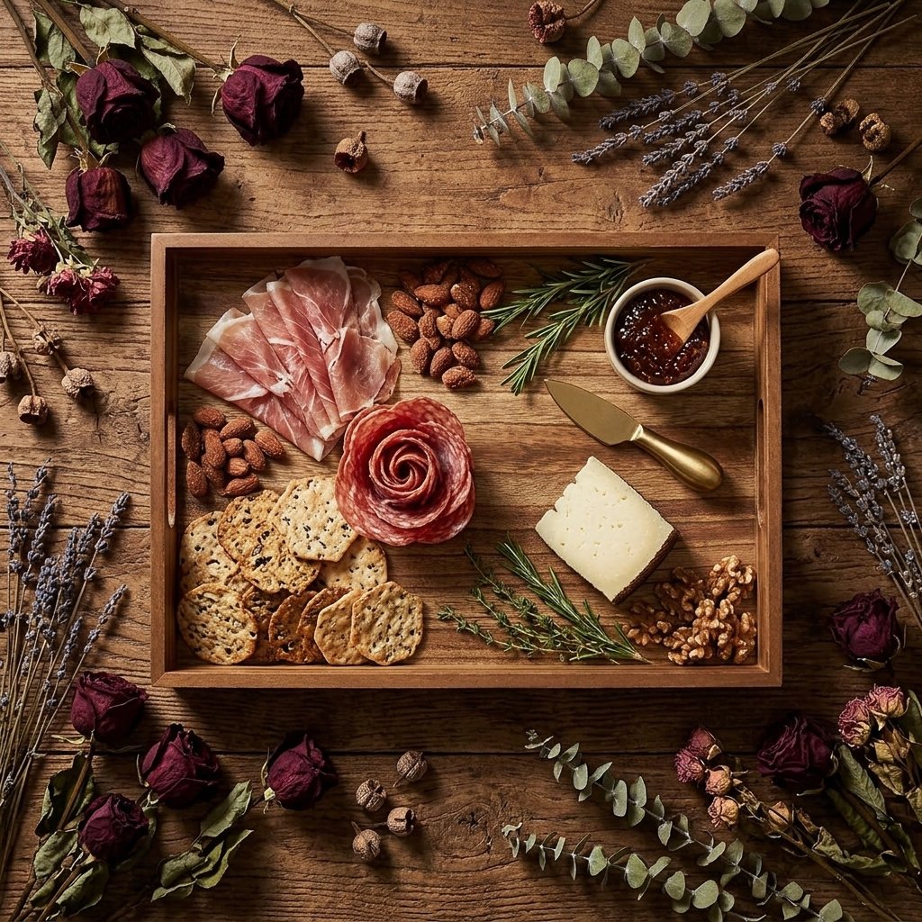 Rustic brown wooden serving tray with handles on a coffee table
