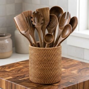Ten-piece acacia wood cooking utensil set with spoons and spatulas