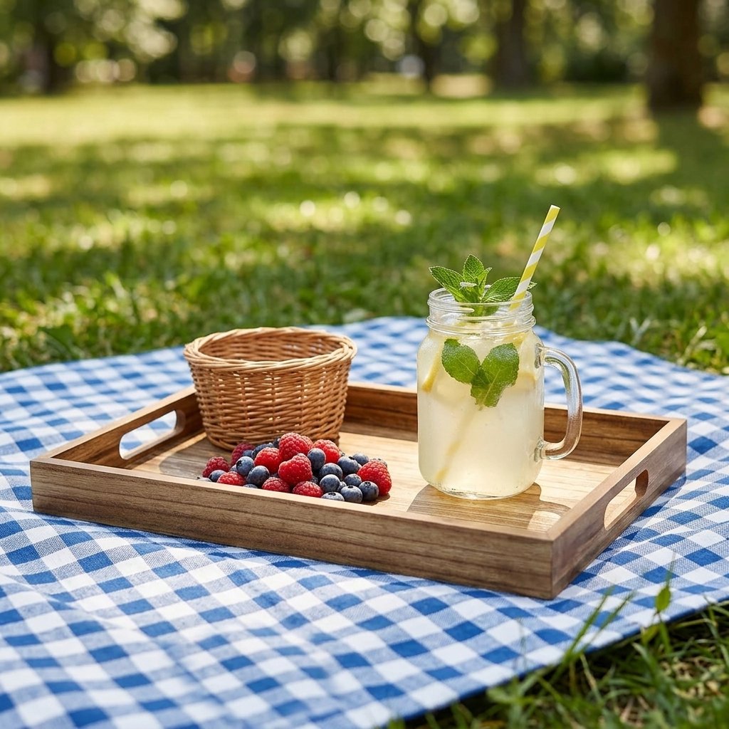 Rustic brown wooden serving tray with handles on a coffee table