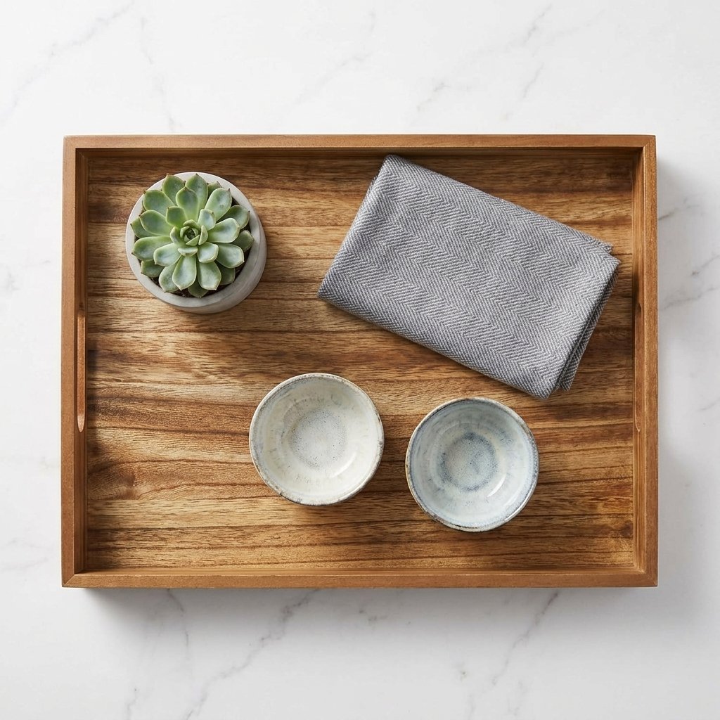 Rustic brown wooden serving tray with handles on a coffee table