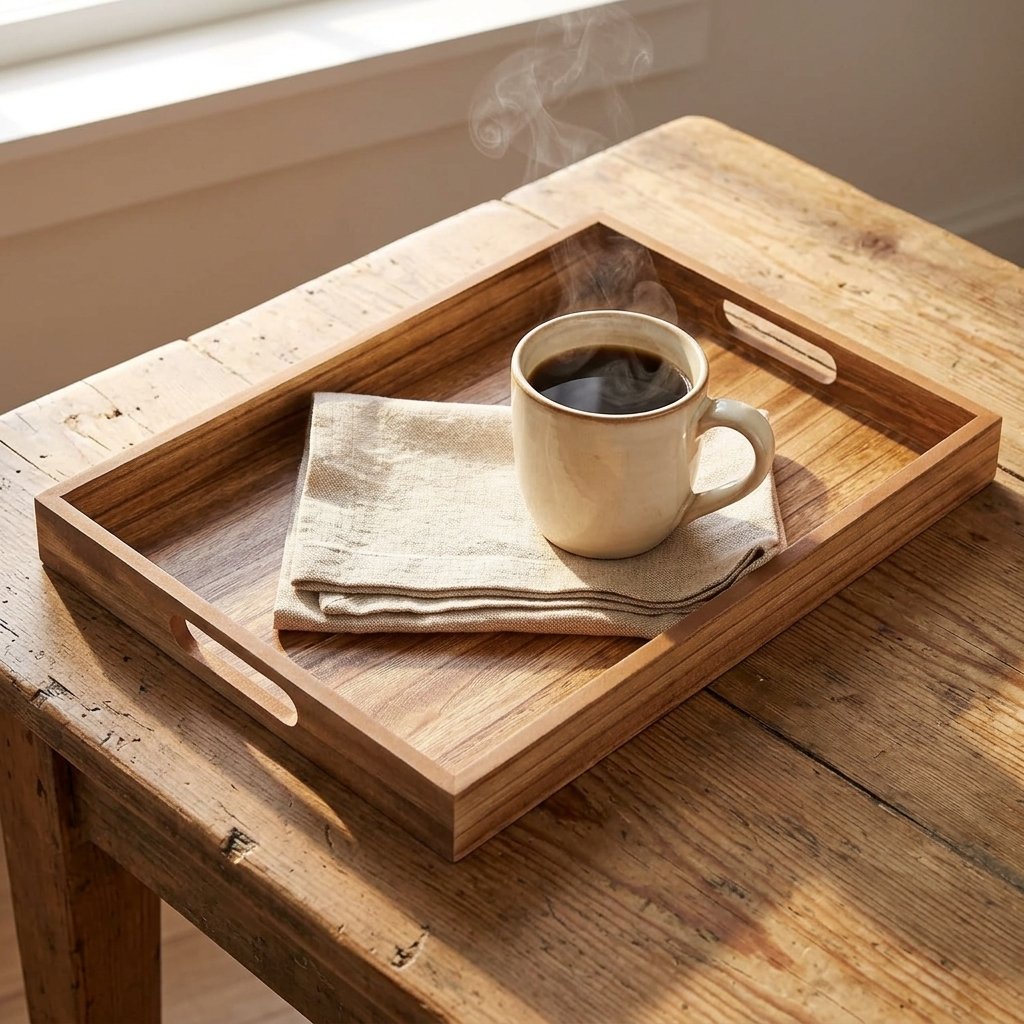 Rustic brown wooden serving tray with handles on a coffee table