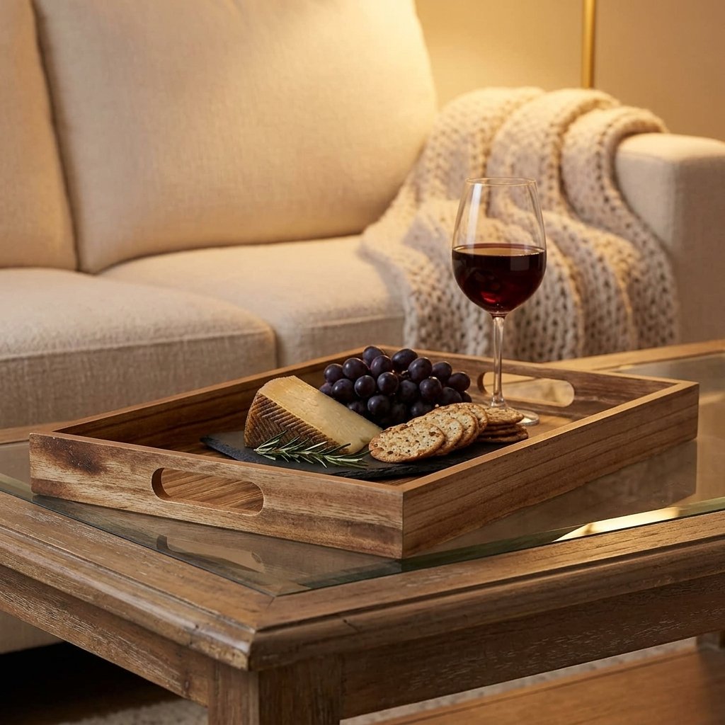 Rustic brown wooden serving tray with handles on a coffee table