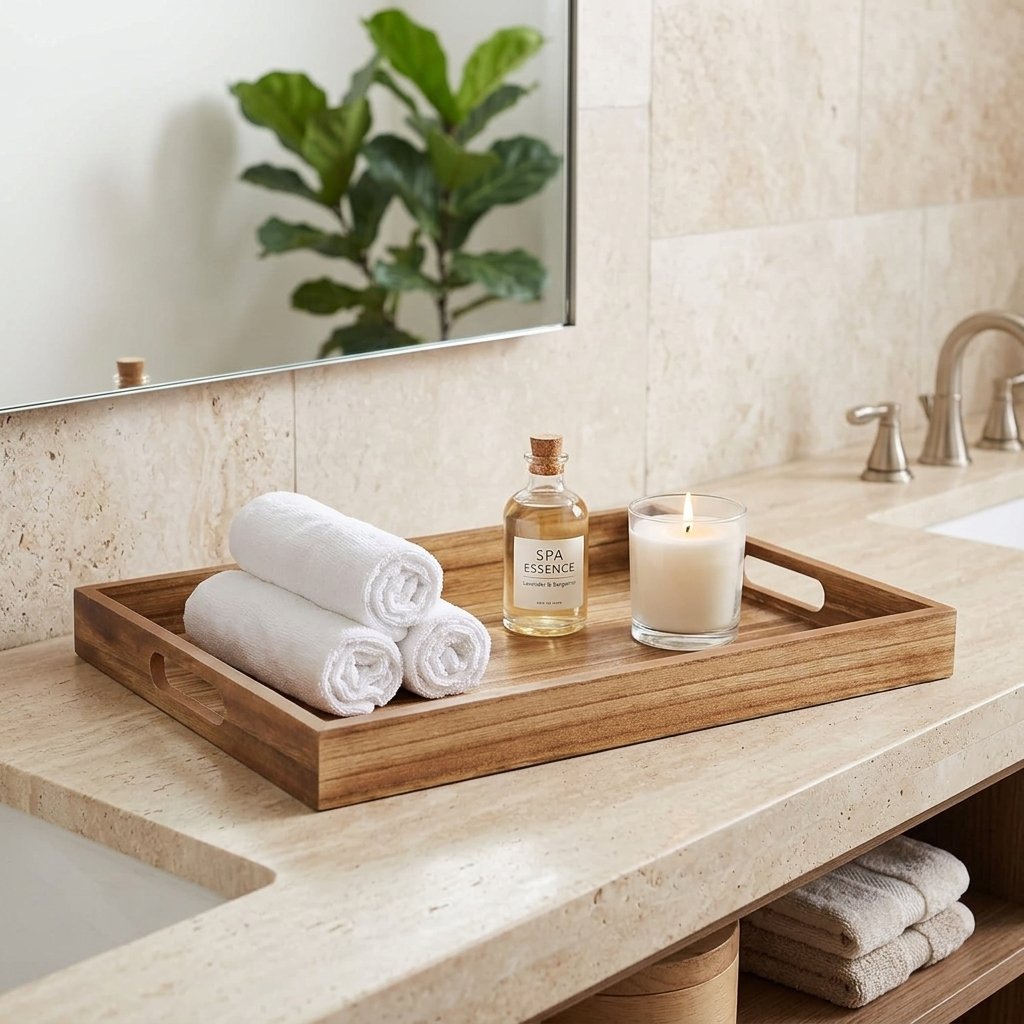 Rustic brown wooden serving tray with handles on a coffee table
