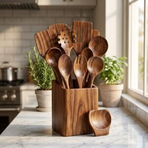 Teak wood kitchen utensils set with twelve pieces and matching spoon rest