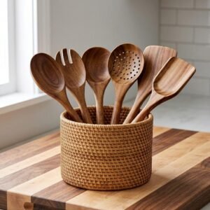 Teak wood utensils set with six hanging kitchen spoons and spatulas