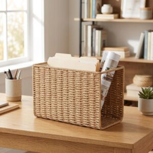 Natural woven hanging file basket on office desk