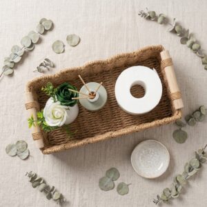 Scalloped paper rope storage basket with wood handles in neutral tone