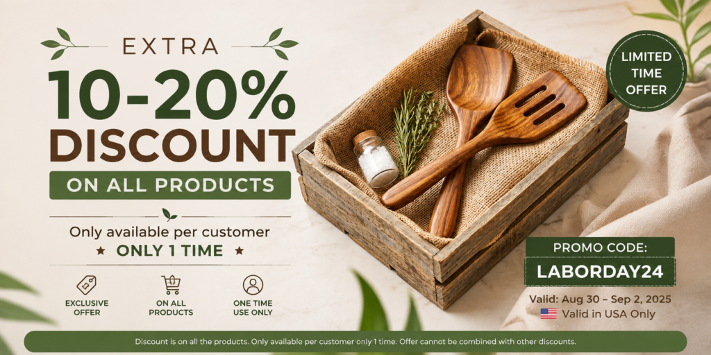 Rustic wooden kitchen utensil gift set arranged in a natural wood tray with burlap lining, displayed on a marble surface beside a promotional offer for an extra 10–20% discount on all products.