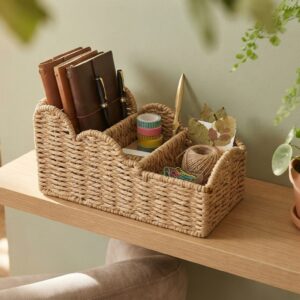 Woven desk organizer caddy with scalloped edge and three compartments
