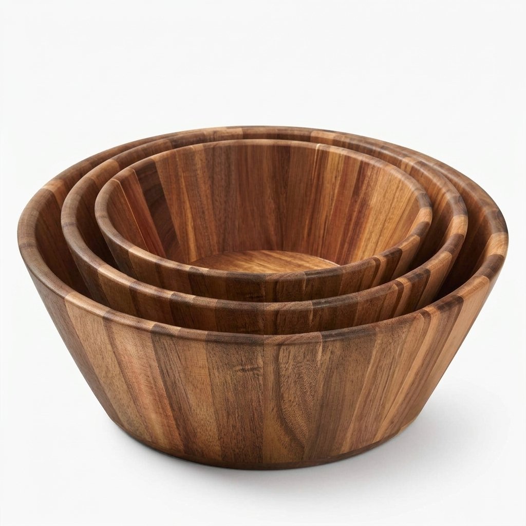 Wooden salad bowl set with three handcrafted round serving bowls in graduated sizes