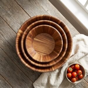 Wooden salad bowl set with three handcrafted round serving bowls in graduated sizes
