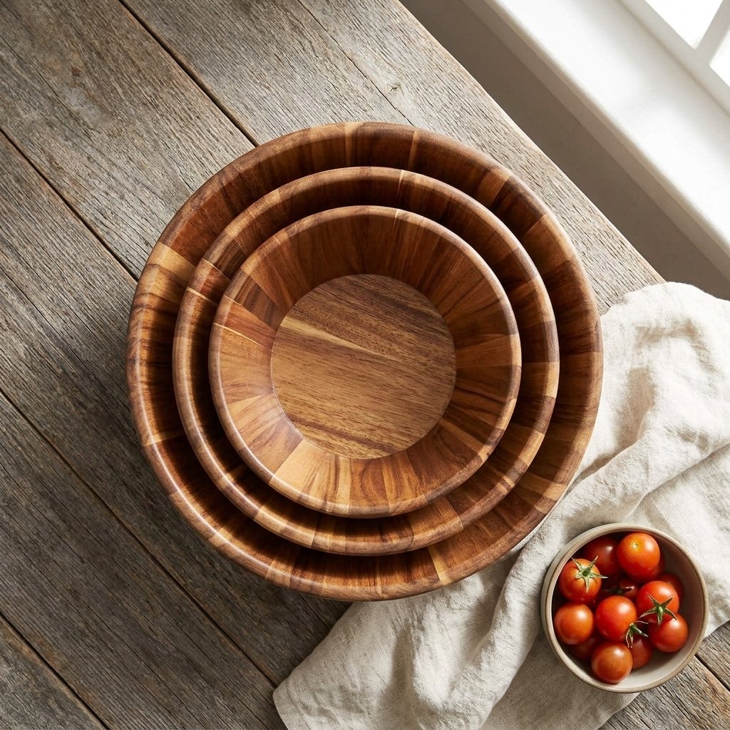 Wooden salad bowl set with three handcrafted round serving bowls in graduated sizes