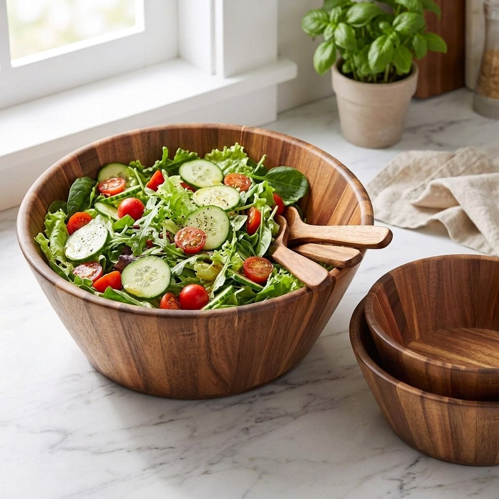 Wooden salad bowl set with three handcrafted round serving bowls in graduated sizes