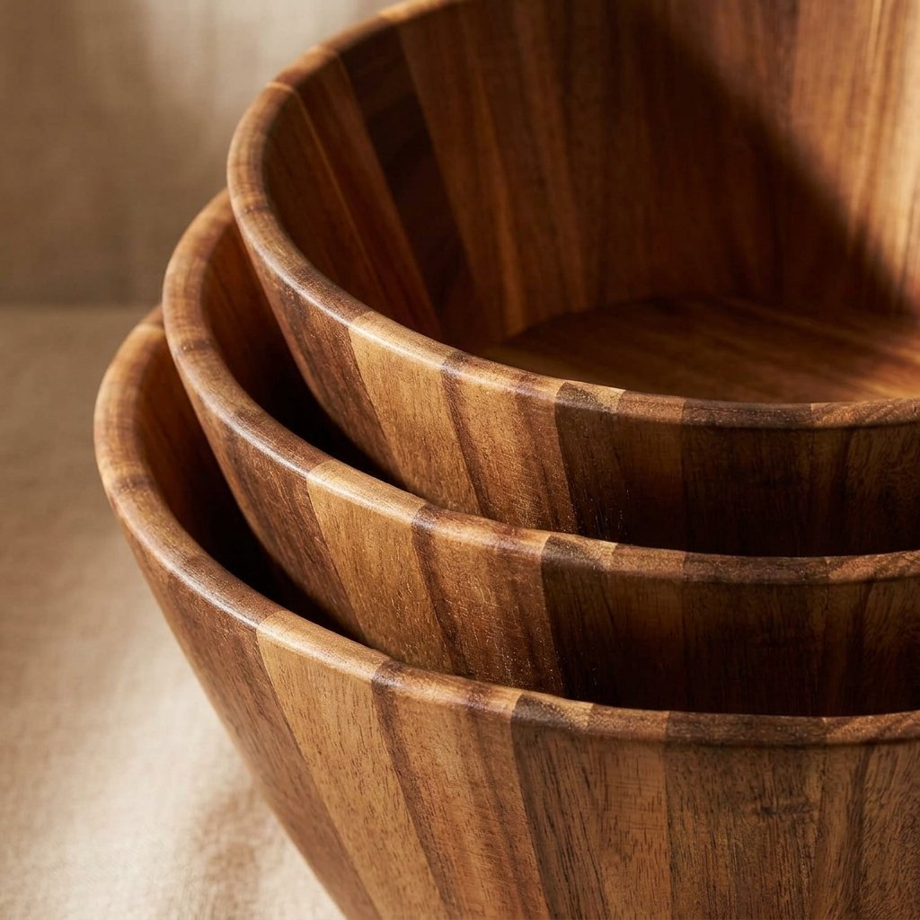 Wooden salad bowl set with three handcrafted round serving bowls in graduated sizes