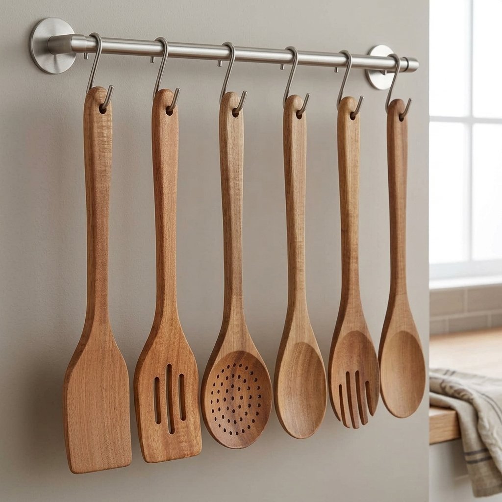 Acacia wood cooking utensils set with six pre-oiled kitchen tools