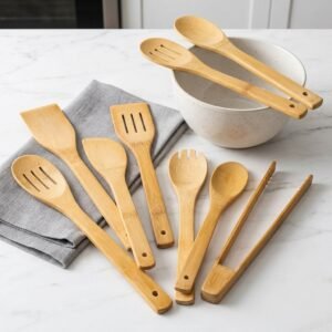 Bamboo cooking spoons set with seven natural wood kitchen utensils