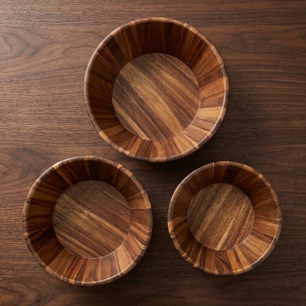 Wooden salad bowl set with three handcrafted round serving bowls in graduated sizes