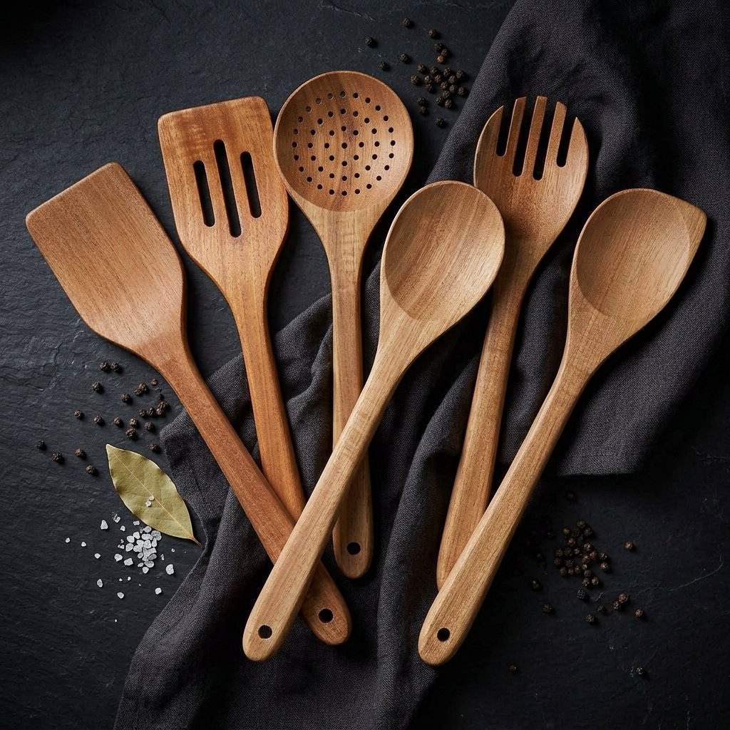 Acacia wood cooking utensils set with six pre-oiled kitchen tools