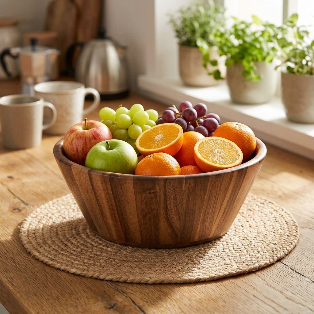Wooden salad bowl set with three handcrafted round serving bowls in graduated sizes