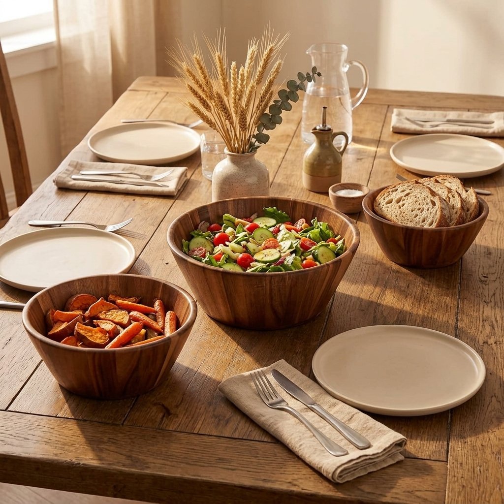 Wooden salad bowl set with three handcrafted round serving bowls in graduated sizes