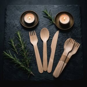 Compostable wooden cutlery set with 100 forks, spoons, and knives for parties and camping