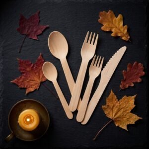 Compostable wooden cutlery set with 150 forks, spoons, and knives for events and camping