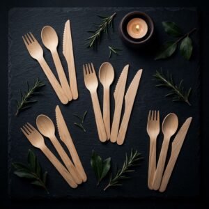 Disposable birch wood cutlery set with forks, spoons, and knives for parties and travel