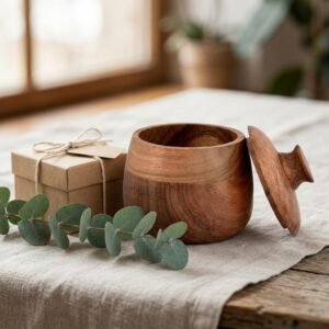 Hand carved acacia wood jewelry box with key lock closure