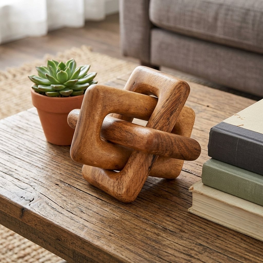 Brown wooden chain link decor statue for rustic coffee table styling