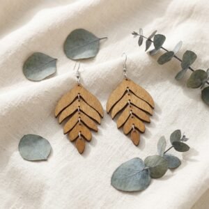 Handmade wooden leaf dangle earrings with natural bohemian design