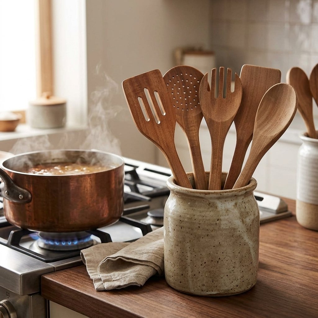 Acacia wood cooking utensils set with six pre-oiled kitchen tools