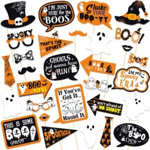 Set of 30 Halloween ghost photo booth props on sticks in orange, black and white, including speech bubbles, ghosts, hats, glasses and mustaches, printed cardstock party props for Halloween photos