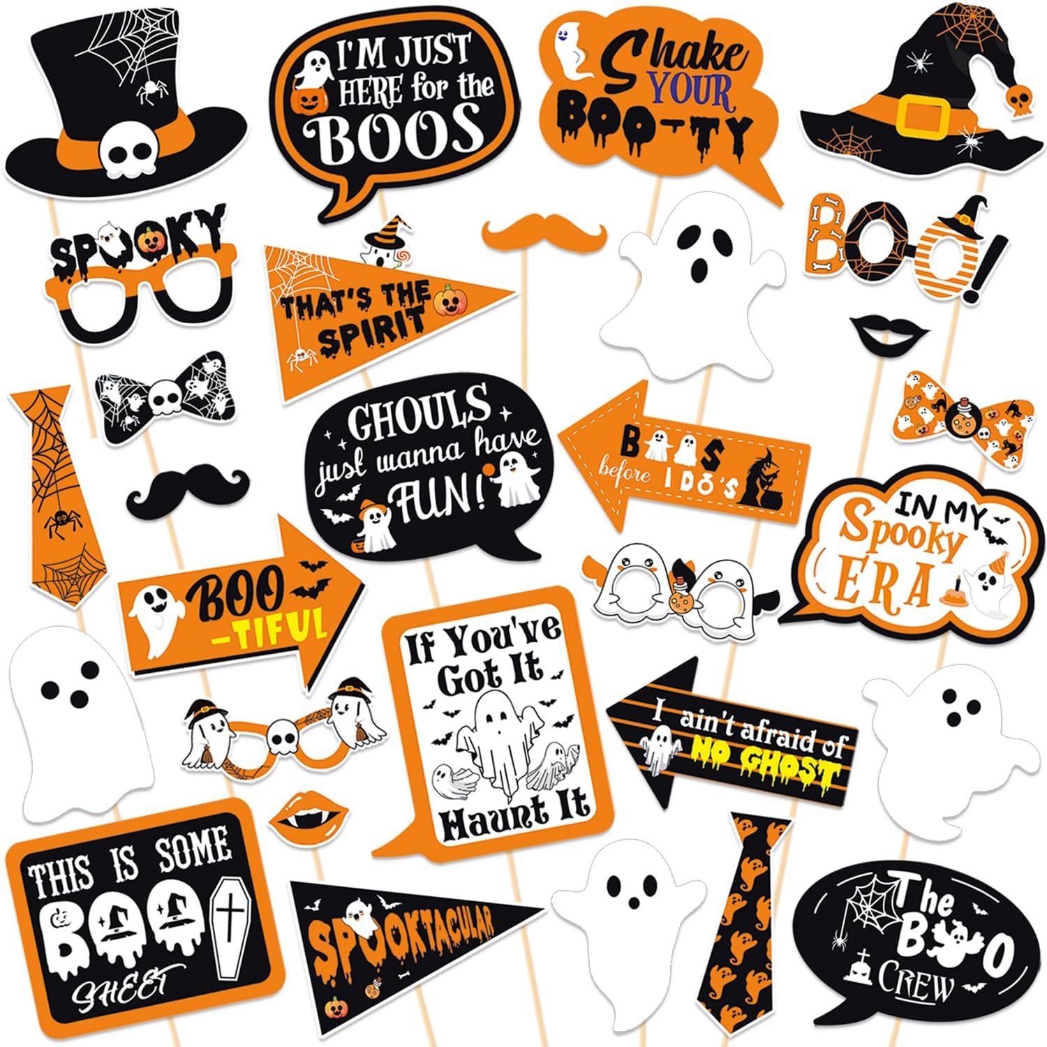 Set of 30 Halloween ghost photo booth props on sticks in orange, black and white, including speech bubbles, ghosts, hats, glasses and mustaches, printed cardstock party props for Halloween photos