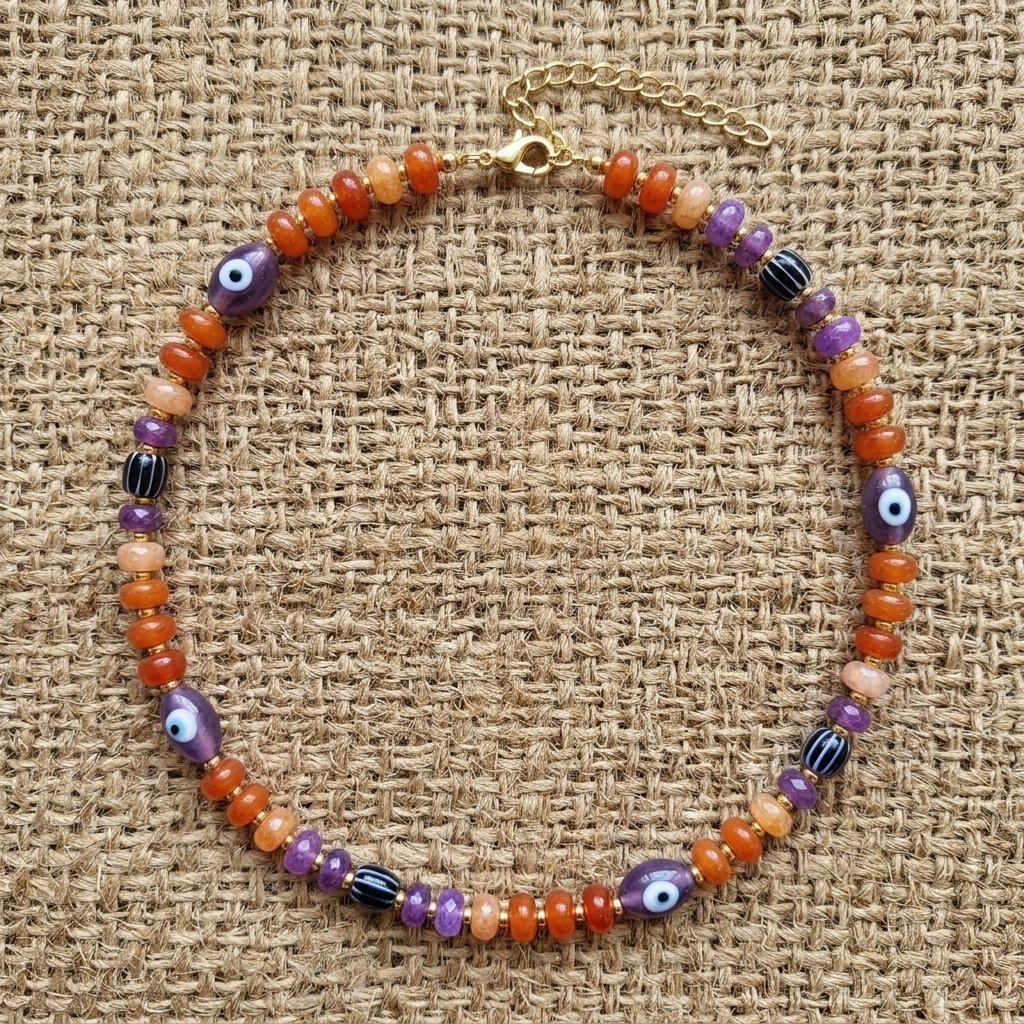 Halloween beaded necklace with evil eye and pumpkin beads on a copper chain choker