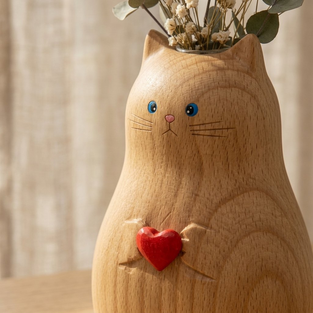 Handmade wooden cat vase holding a heart shape for home decor