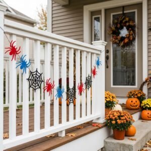 Felt spider web garland with red and blue spiders for Halloween decor