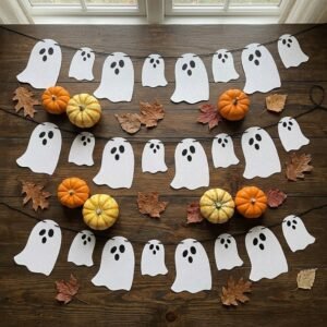 Glittery white and silver Halloween ghost banner garland with ghost cutouts