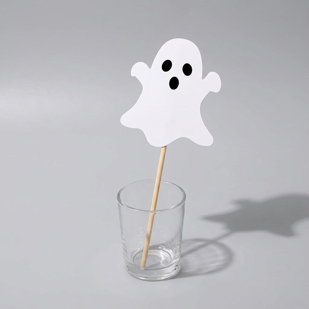 Set of 30 Halloween ghost photo booth props on sticks in orange, black and white, including speech bubbles, ghosts, hats, glasses and mustaches, printed cardstock party props for Halloween photos